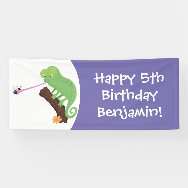 Cute funny green happy chameleon lizard cartoon banner (Horizontal)