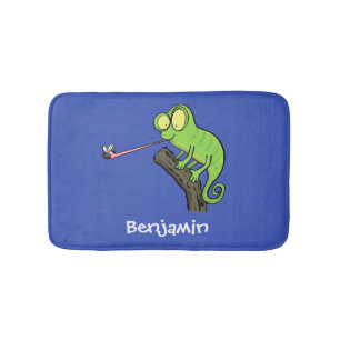 Cute funny green happy chameleon lizard cartoon bath mat