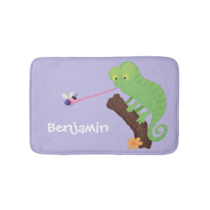 Cute funny green happy chameleon lizard cartoon bath mat