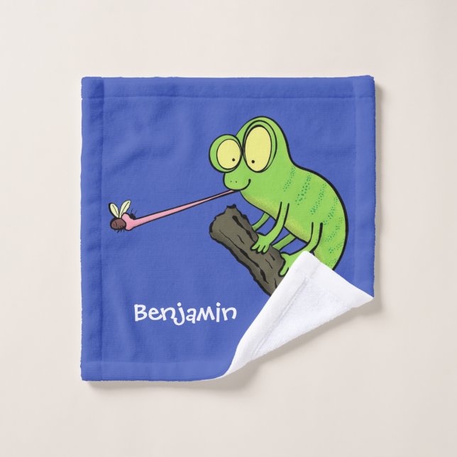 Cute funny green happy chameleon lizard cartoon bath towel set (Wash Cloth)