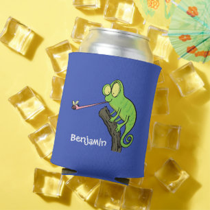 Cute funny green happy chameleon lizard cartoon can cooler