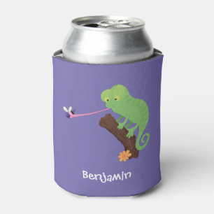Cute funny green happy chameleon lizard cartoon can cooler