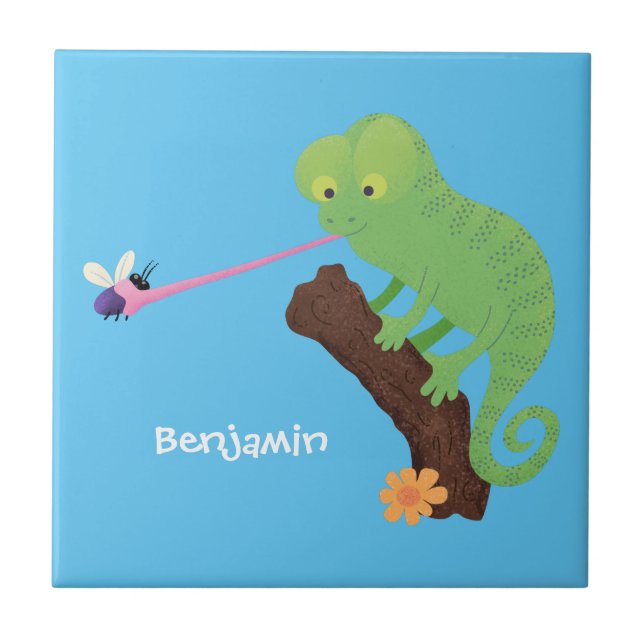 Cute funny green happy chameleon lizard cartoon ceramic tile (Front)