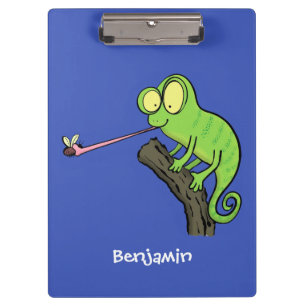 Cute funny green happy chameleon lizard cartoon clipboard