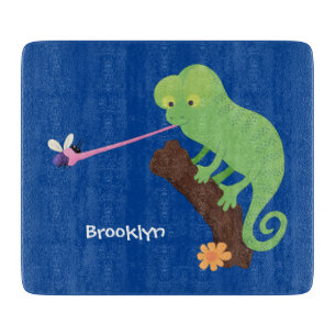 Cute funny green happy chameleon lizard cartoon cutting board