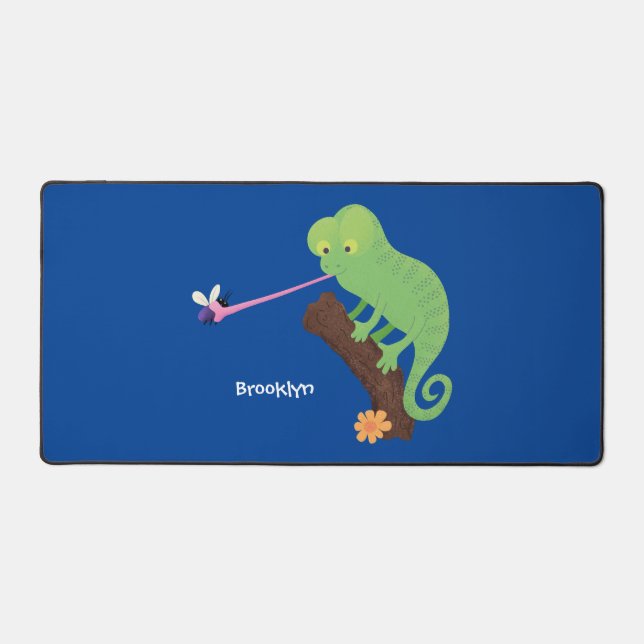 Cute funny green happy chameleon lizard cartoon desk mat (Front)