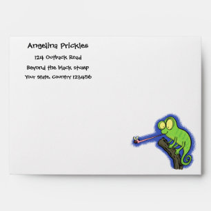 Cute funny green happy chameleon lizard cartoon envelope