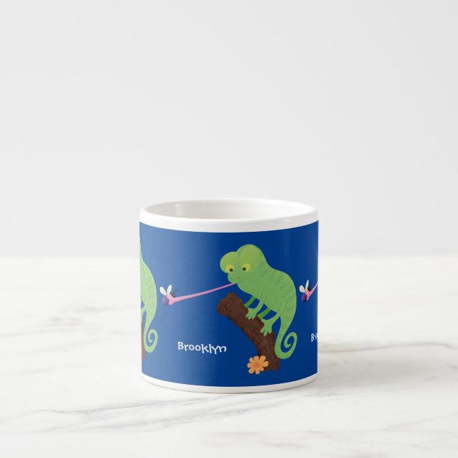 Cute funny green happy chameleon lizard cartoon espresso cup (Front)