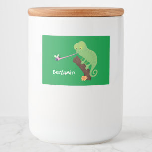 Cute funny green happy chameleon lizard cartoon food label