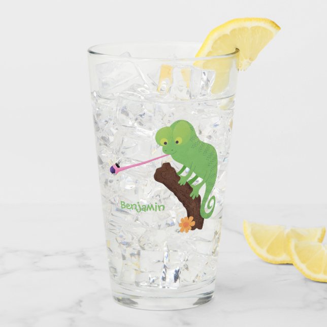 Cute funny green happy chameleon lizard cartoon glass (Back Ice)