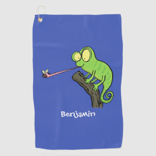 Cute funny green happy chameleon lizard cartoon  golf towel