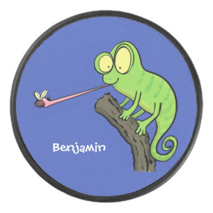 Cute funny green happy chameleon lizard cartoon hockey puck