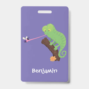 Cute funny green happy chameleon lizard cartoon ID badge
