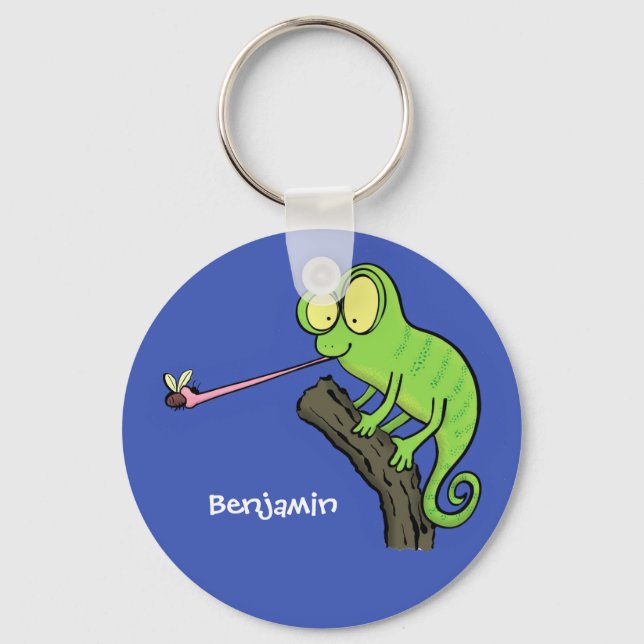 Cute funny green happy chameleon lizard cartoon key ring (Front)