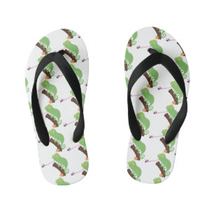 Cute funny green happy chameleon lizard cartoon kid's thongs