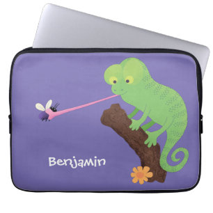 Cute funny green happy chameleon lizard cartoon laptop sleeve