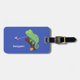 Cute funny green happy chameleon lizard cartoon luggage tag