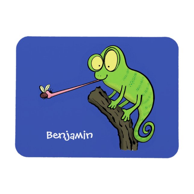 Cute funny green happy chameleon lizard cartoon magnet (Horizontal)