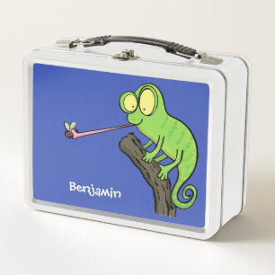 Cute funny green happy chameleon lizard cartoon metal lunch box