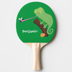 Cute funny green happy chameleon lizard cartoon ping pong paddle
