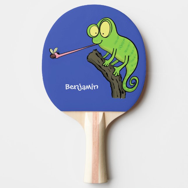 Cute funny green happy chameleon lizard cartoon ping pong paddle (Front)