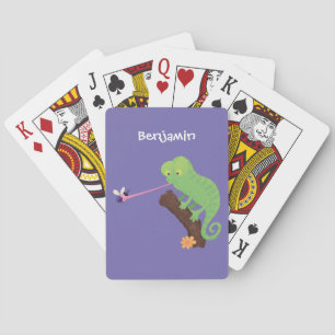 Cute funny green happy chameleon lizard cartoon playing cards