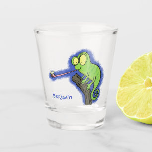 Cute funny green happy chameleon lizard cartoon shot glass