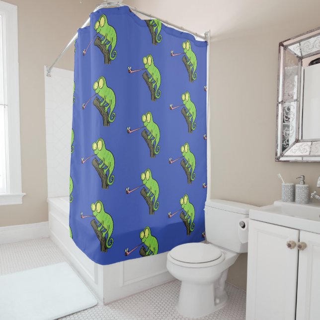 Cute funny green happy chameleon lizard cartoon shower curtain (In Situ)
