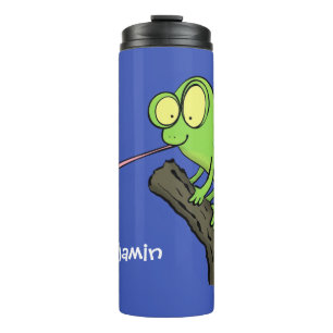 Cute funny green happy chameleon lizard cartoon thermal tumbler