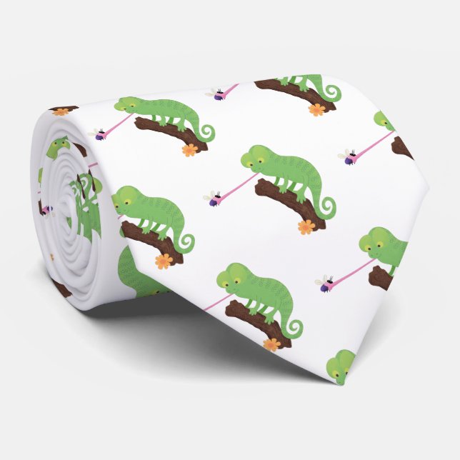 Cute funny green happy chameleon lizard cartoon tie (Rolled)