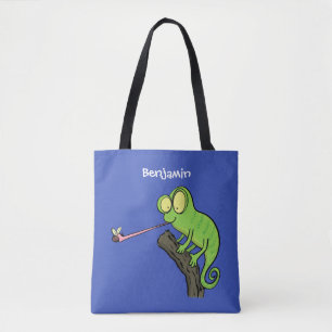 Cute funny green happy chameleon lizard cartoon tote bag