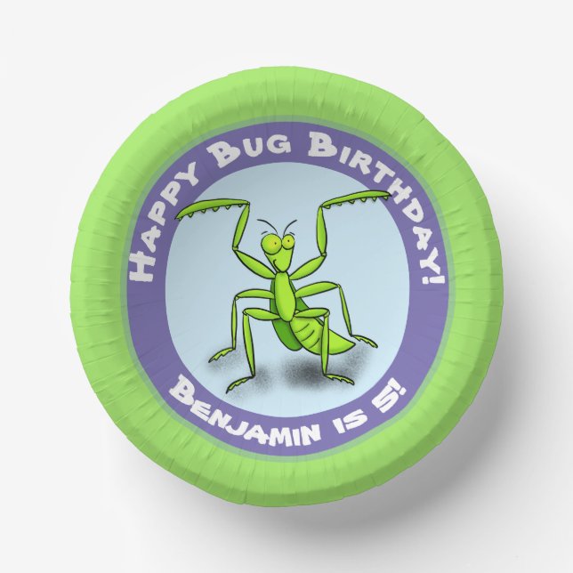 Cute funny green praying mantis cartoon birthday paper plate (Front)