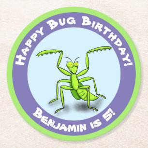 Cute funny green praying mantis cartoon birthday round paper coaster