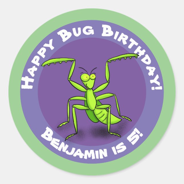 Cute funny green praying mantis cartoon classic ro round sticker (Front)