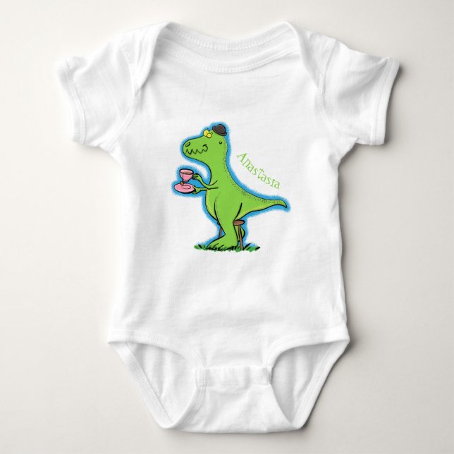 Cute funny green t rex dinosaur cartoon baby bodysuit (Front)