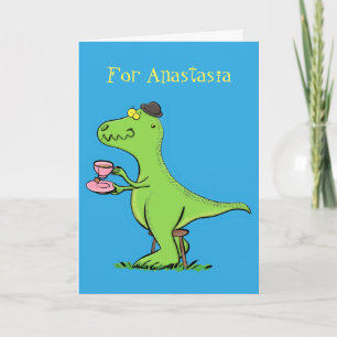 Cute funny green t rex dinosaur cartoon card