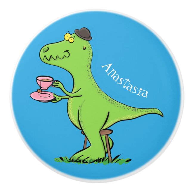 Cute funny green t rex dinosaur cartoon ceramic knob (Front)