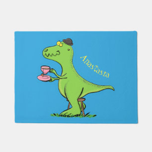 Cute funny green t rex dinosaur cartoon doormat