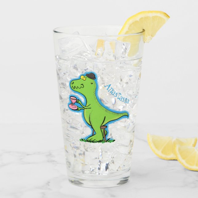 Cute funny green t rex dinosaur cartoon glass (Back Ice)