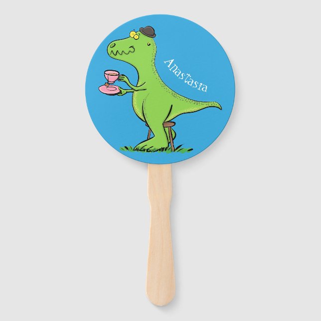 Cute funny green t rex dinosaur cartoon hand fan (Front)