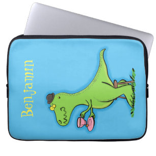 Cute funny green t rex dinosaur cartoon laptop sleeve
