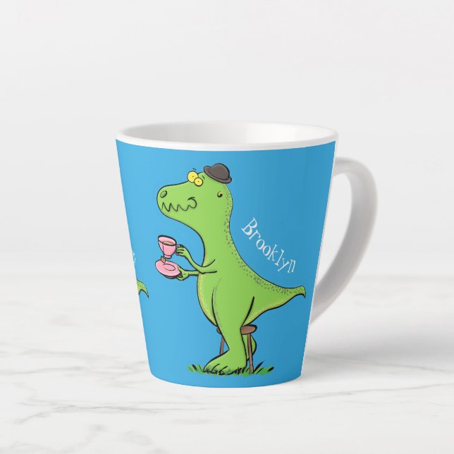 Cute funny green t rex dinosaur cartoon latte mug (Right Angle)