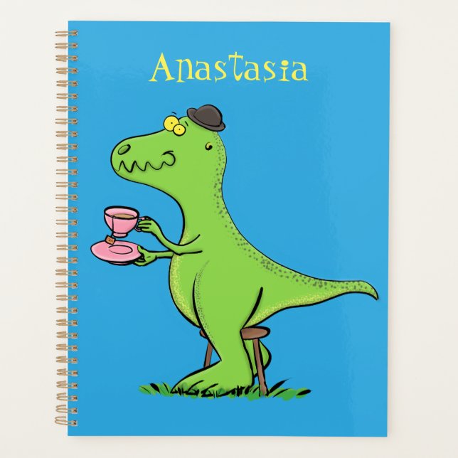 Cute funny green t rex dinosaur cartoon planner (Front)