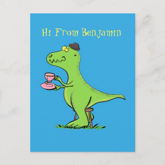 Cute funny green t rex dinosaur cartoon postcard (Front)