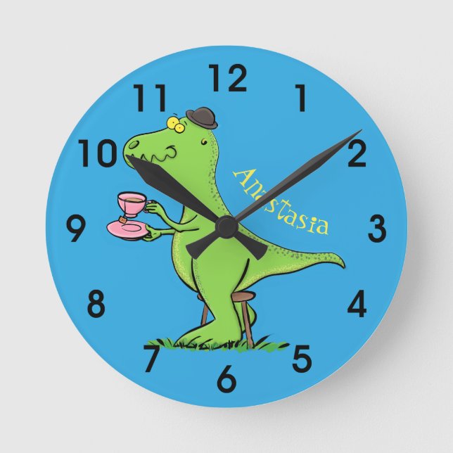 Cute funny green t rex dinosaur cartoon round clock (Front)
