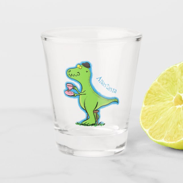 Cute funny green t rex dinosaur cartoon  shot glass (Front)