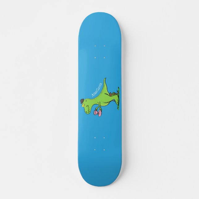 Cute funny green t rex dinosaur cartoon skateboard (Front)