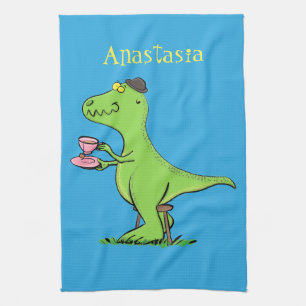 Cute funny green t rex dinosaur cartoon tea towel
