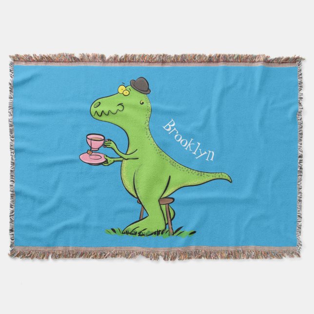 Cute funny green t rex dinosaur cartoon throw blanket (Front)