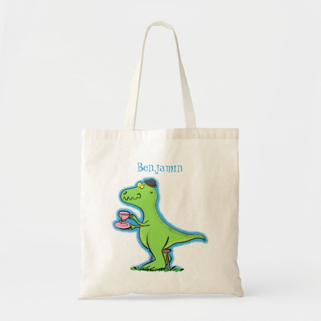 Cute funny green t rex dinosaur cartoon tote bag (Front)